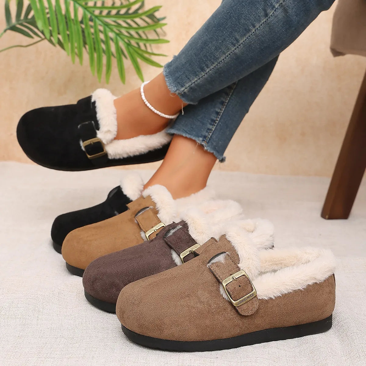 Women's Cosy Faux Fur Buckle Slip-On Shoes
