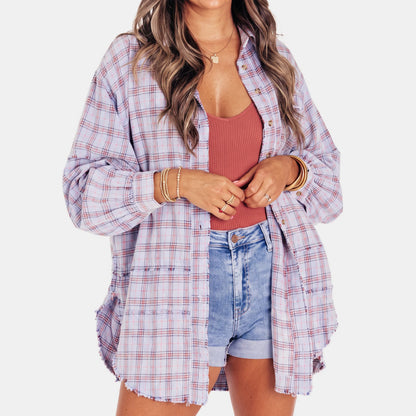 Women's Raw Hem Oversized Check Shirt