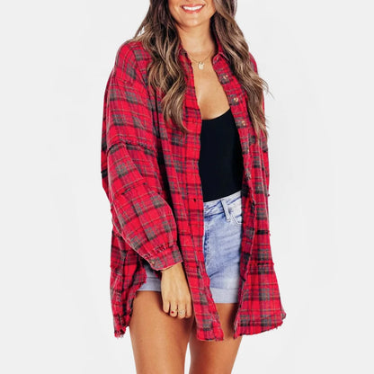 Women's Raw Hem Oversized Check Shirt