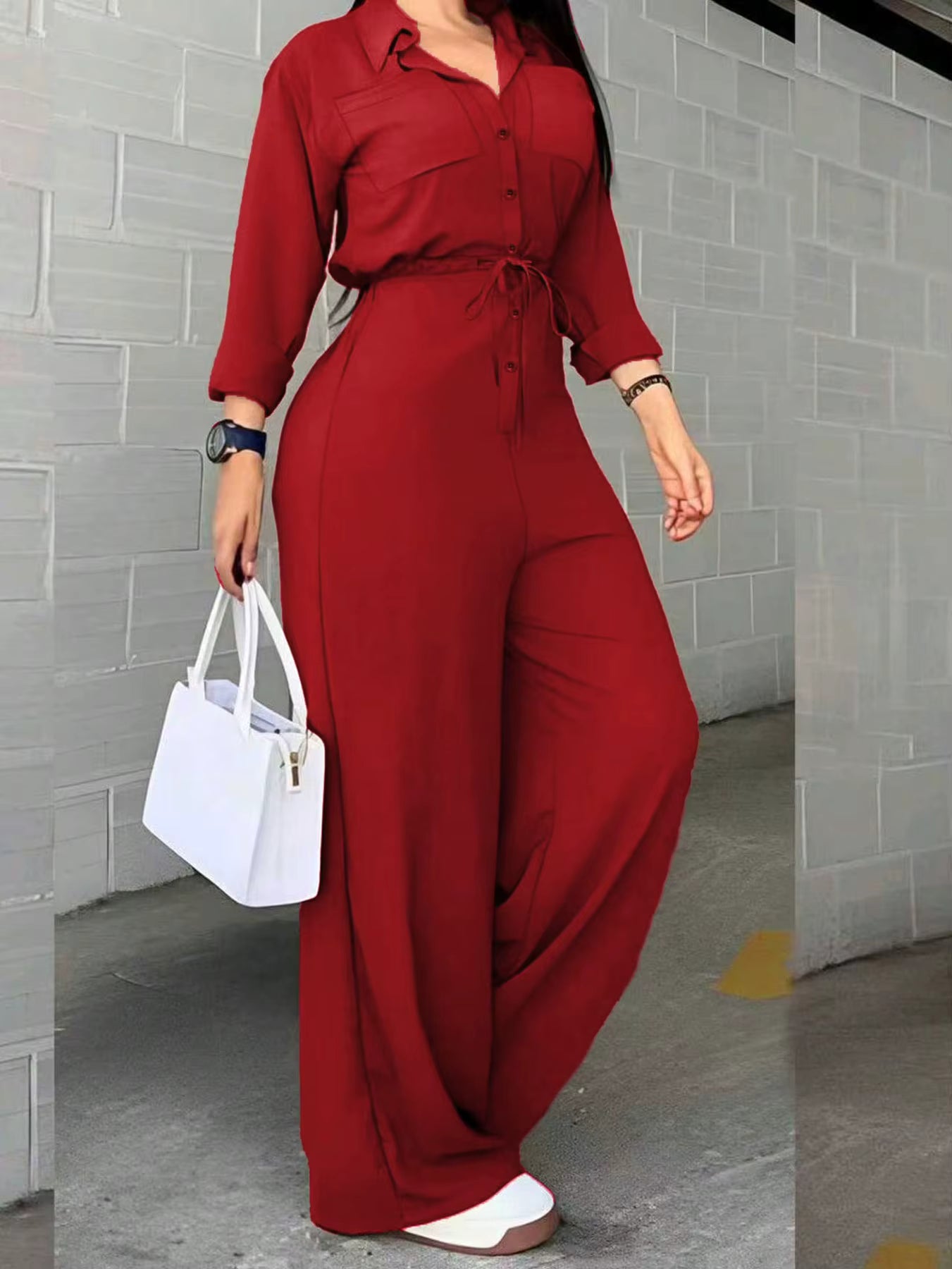 Women's Shirt Style Wide Leg Jumpsuit