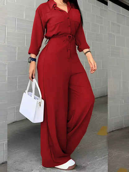 Women's Shirt Style Wide Leg Jumpsuit