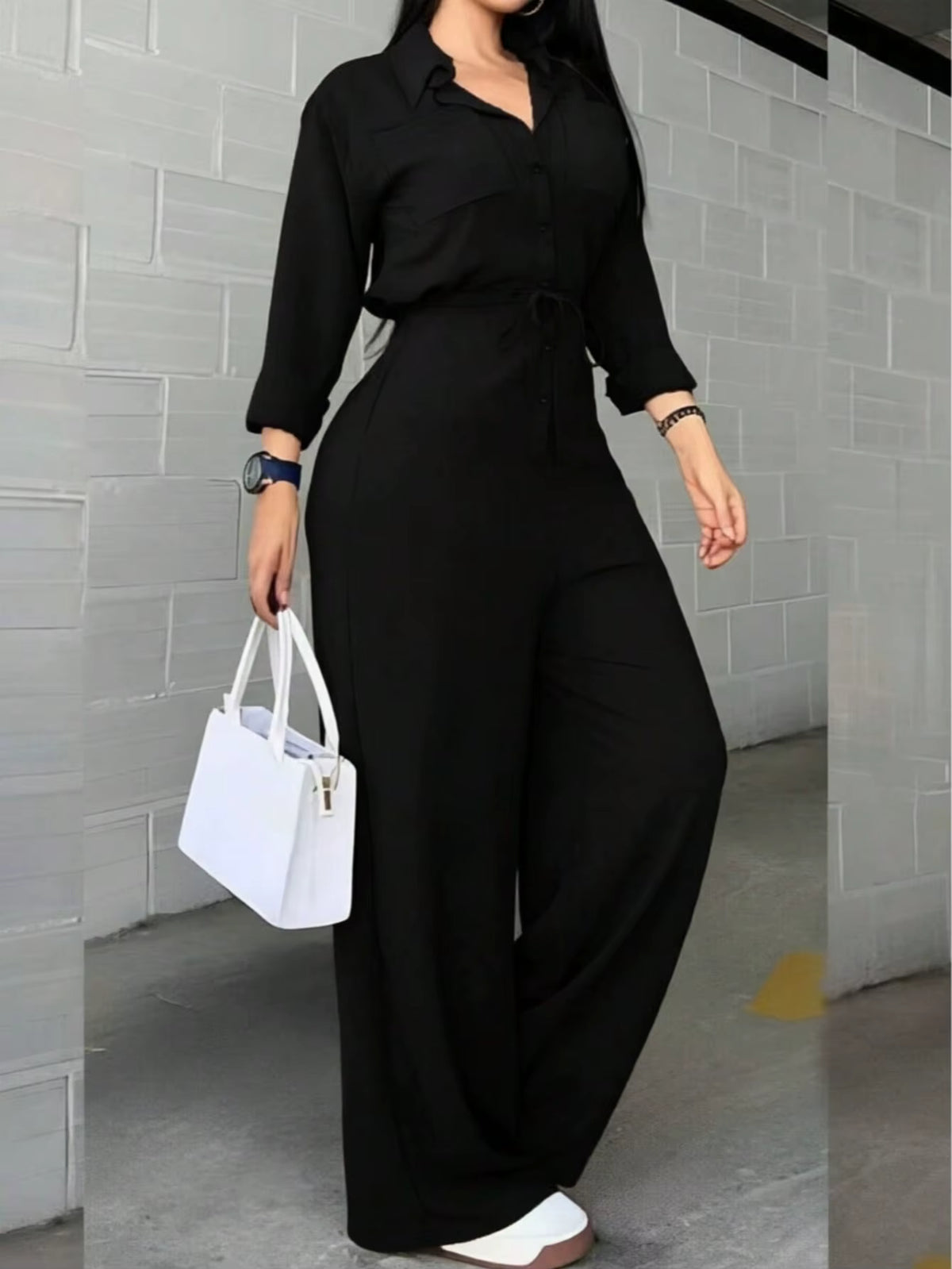 Women's Shirt Style Wide Leg Jumpsuit