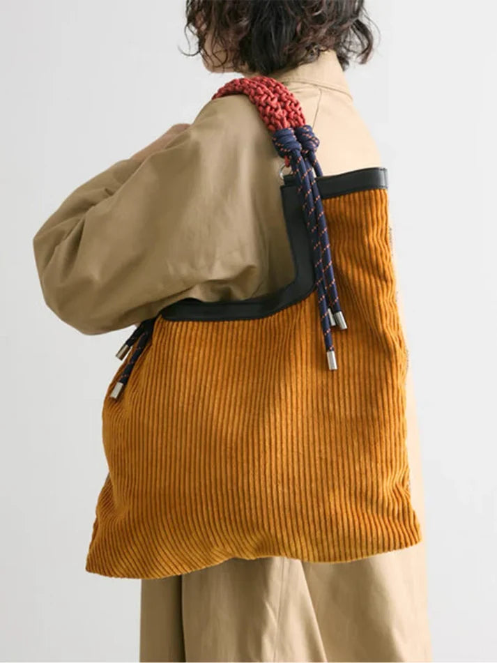 Women's Corduroy Woven-Handle Tote Bag