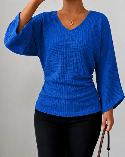 Women's Ruched Waffle Knit V Neck Top