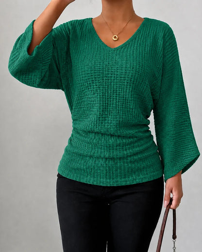 Women's Ruched Waffle Knit V Neck Top