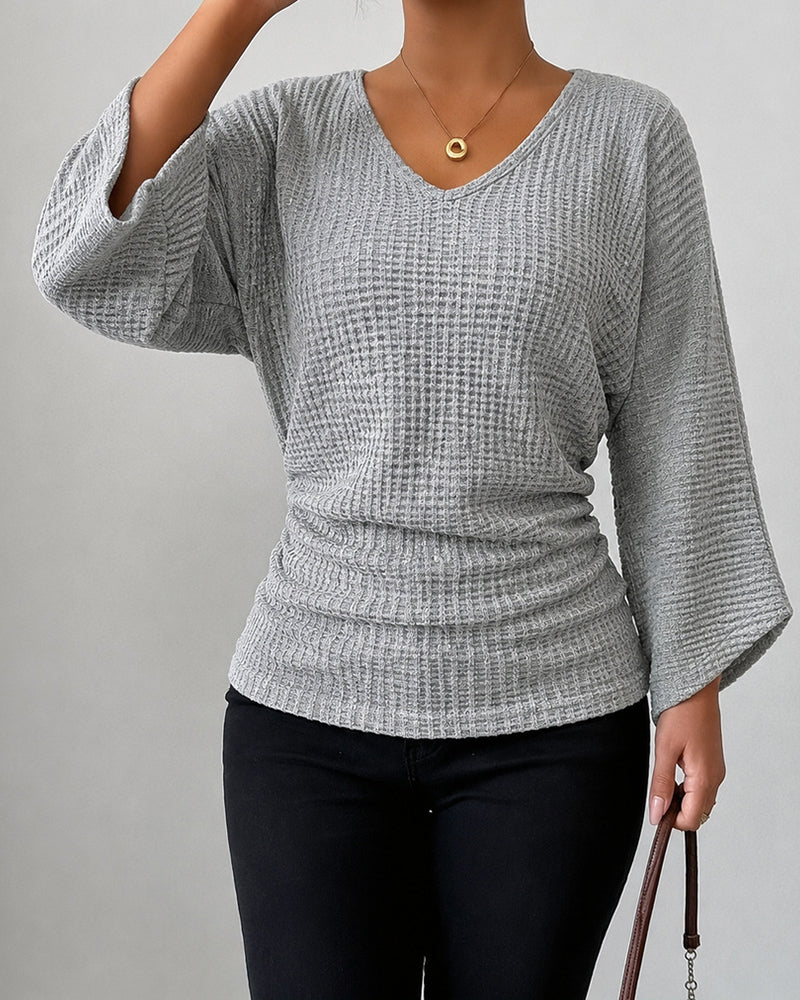 Women's Ruched Waffle Knit V Neck Top