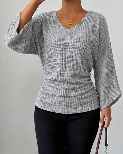 Women's Ruched Waffle Knit V Neck Top