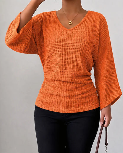 Women's Ruched Waffle Knit V Neck Top