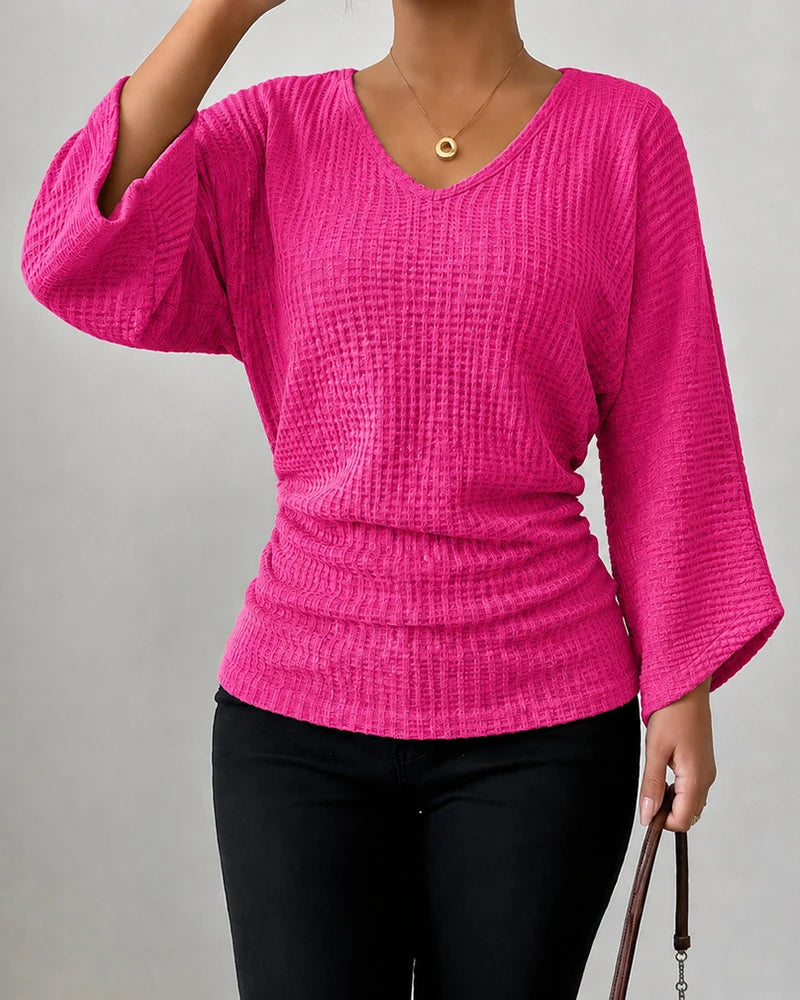 Women's Ruched Waffle Knit V Neck Top