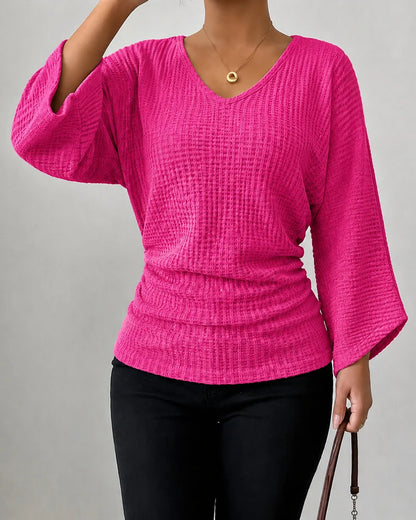 Women's Ruched Waffle Knit V Neck Top