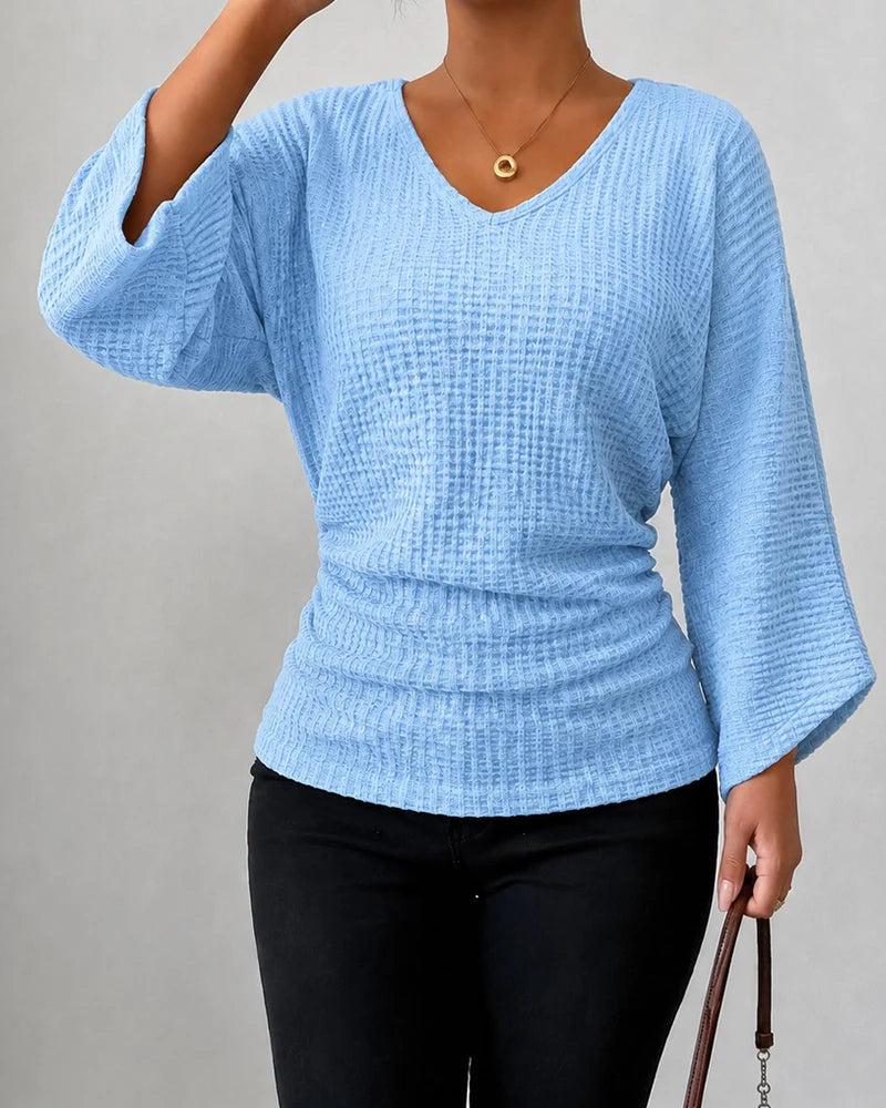 Women's Ruched Waffle Knit V Neck Top