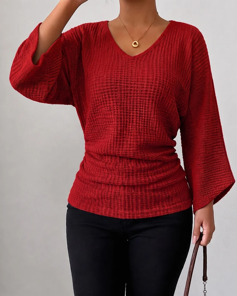 Women's Ruched Waffle Knit V Neck Top