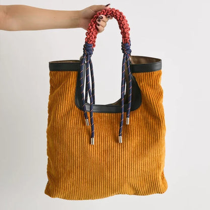Women's Corduroy Woven-Handle Tote Bag