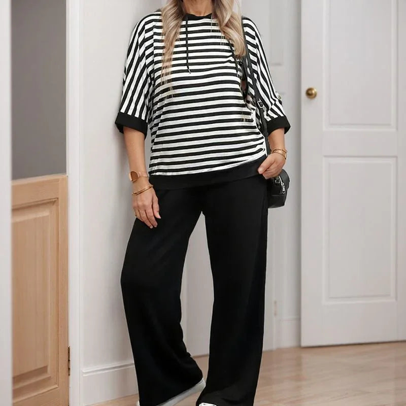 Women's Striped Hooded Top & Wide-Leg Trouser Set