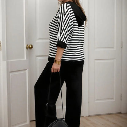 Women's Striped Hooded Top & Wide-Leg Trouser Set