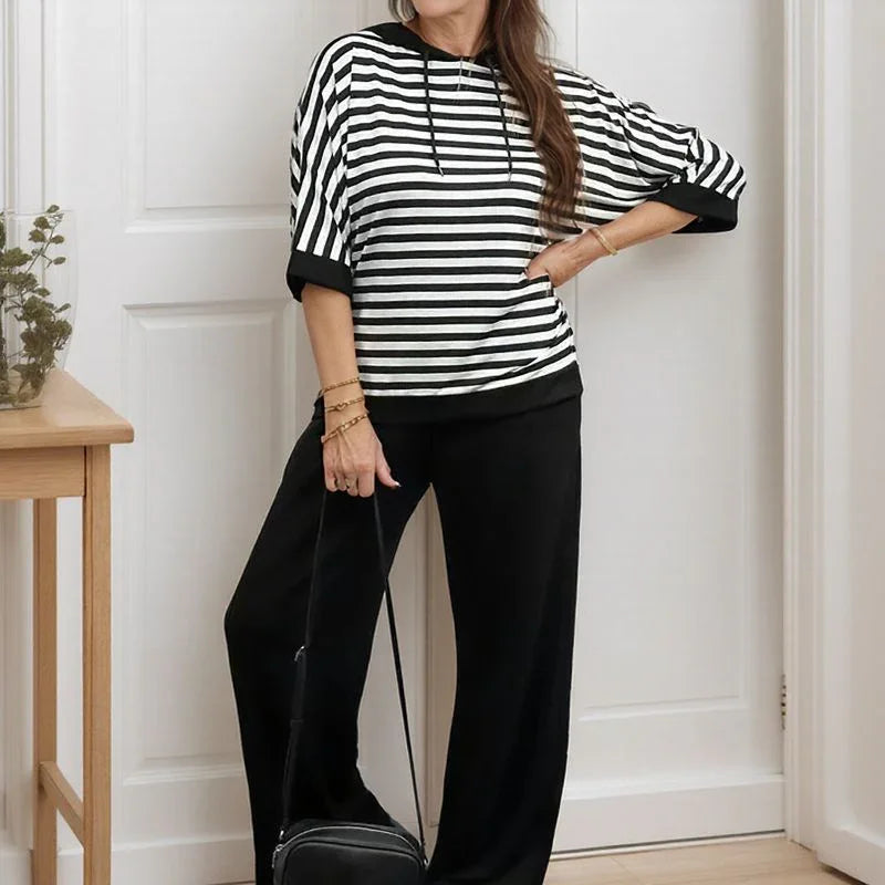 Women's Striped Hooded Top & Wide-Leg Trouser Set