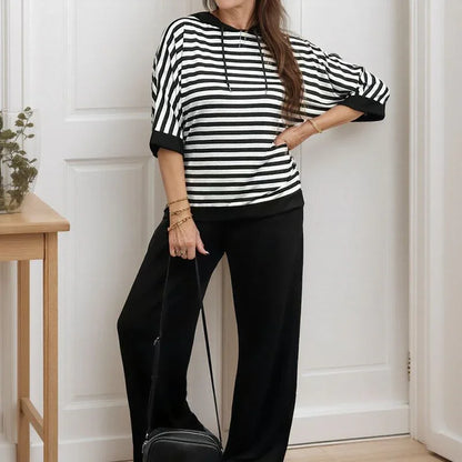 Women's Striped Hooded Top & Wide-Leg Trouser Set