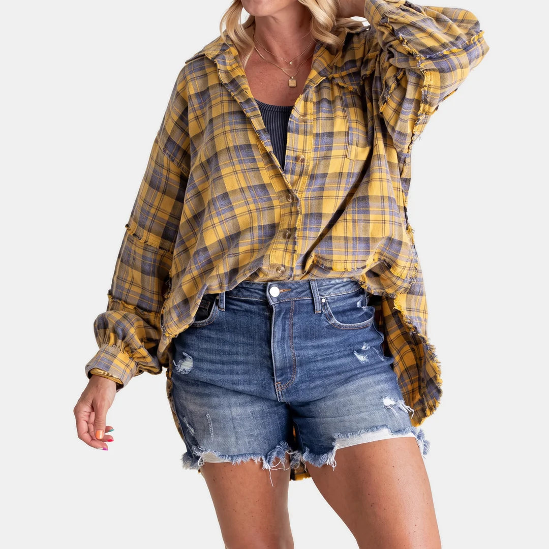 Women's Raw Hem Oversized Check Shirt