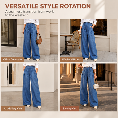 Women's Pleated Wide-Leg Denim Jeans
