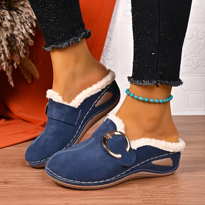 Women's Plush Trim Wedge Mules