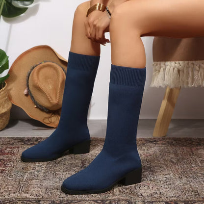 Women's Knitted Knee-High Block Heel Boots