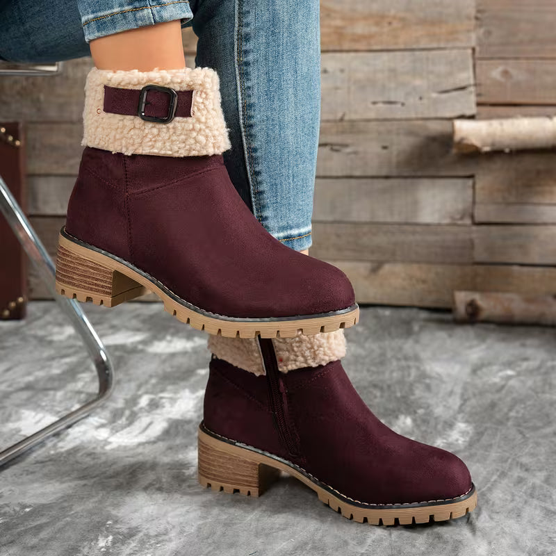 Women's Plush Cuff Block Heel Ankle Boots