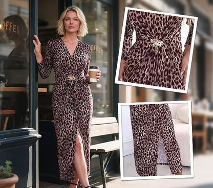 Women's Leopard Print V-Neck Midi Dress