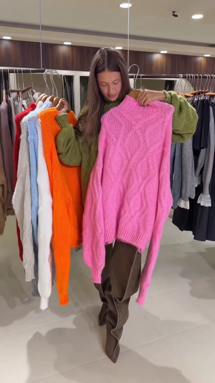Women's Fluffy Cable Knit Roll Neck Jumper