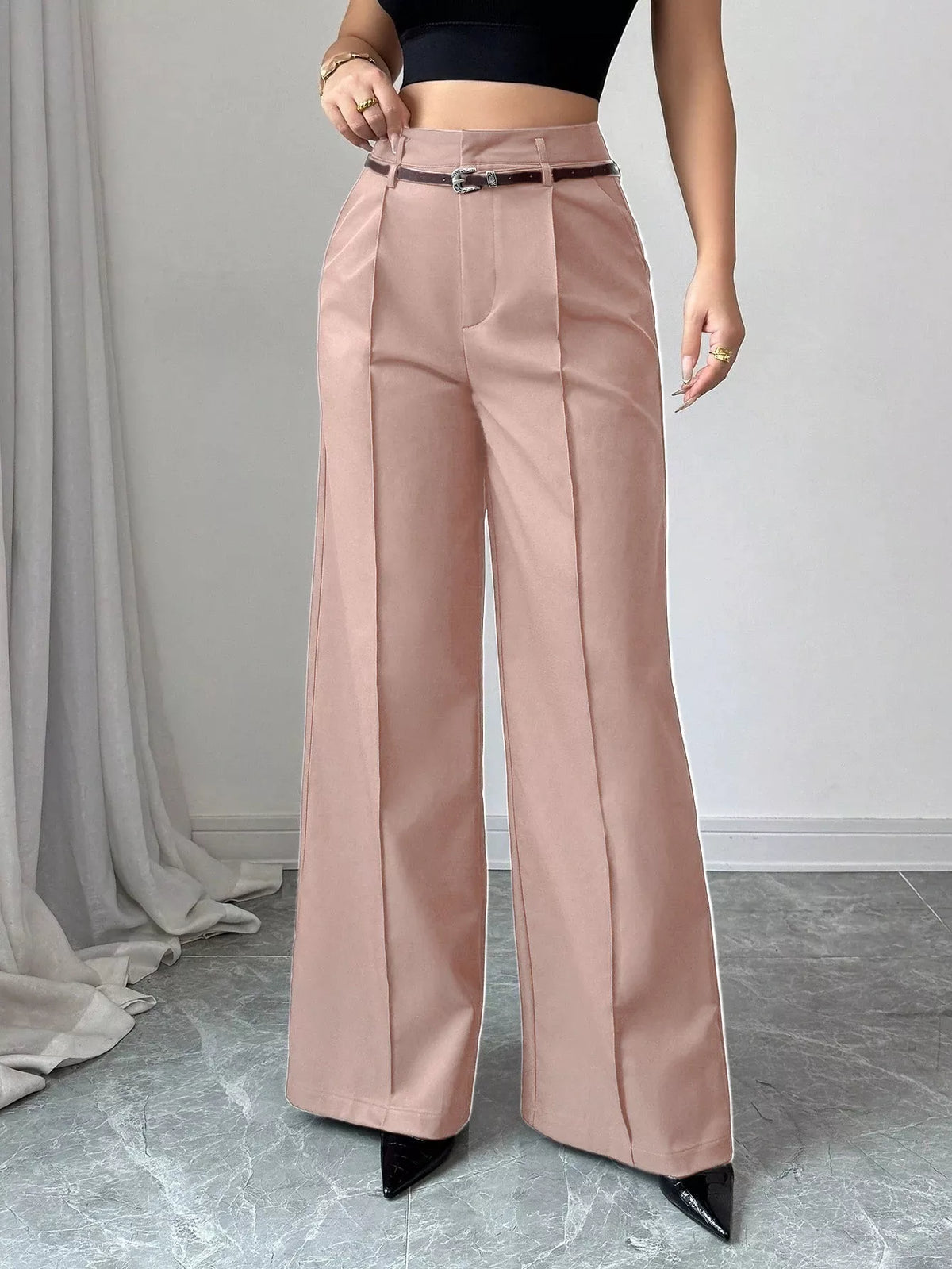 Women's Belted High-Waist Wide Leg Trousers