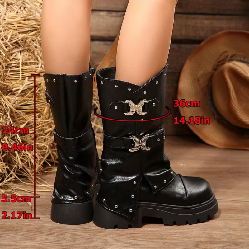 Women's Studded Buckle Mid-Calf Boots