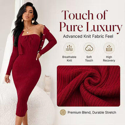 Women's Ribbed Midi Dress & Cropped Cardigan Set