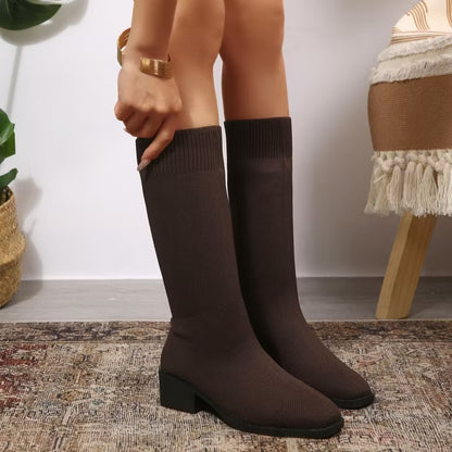 Women's Knitted Knee-High Block Heel Boots