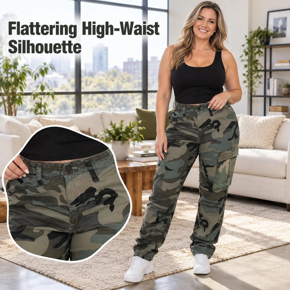 Women's High-Waisted Camouflage Cargo Trousers