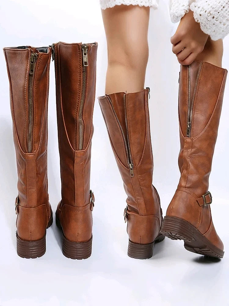 Women’s Winter Low-Heel Leather-Look Support Knee Boots