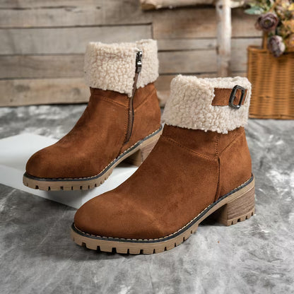 Women's Plush Cuff Block Heel Ankle Boots