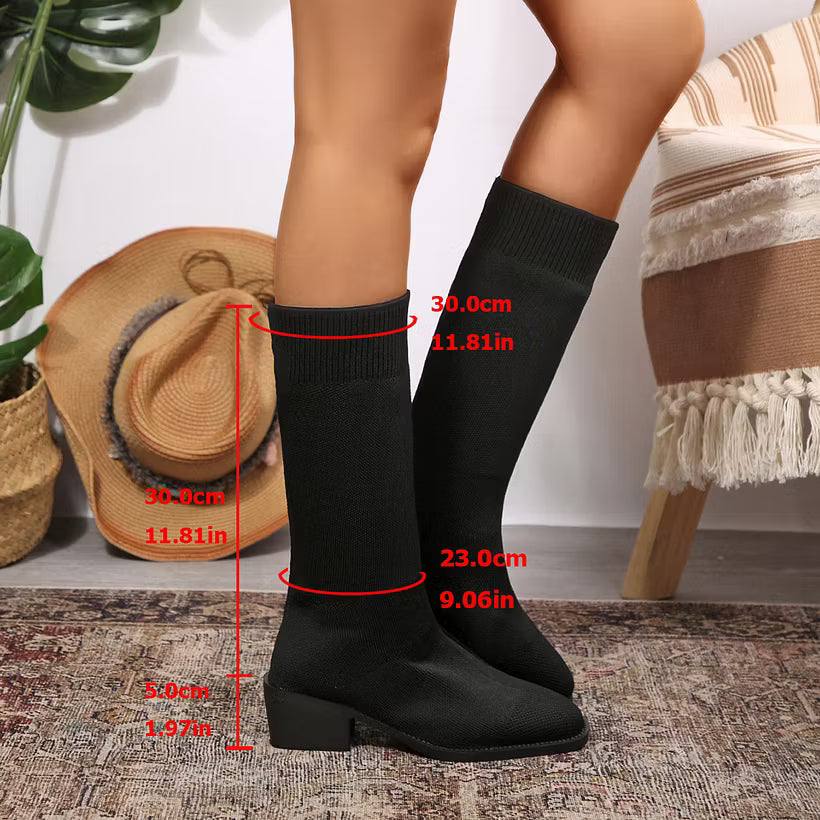 Women's Knitted Knee-High Block Heel Boots