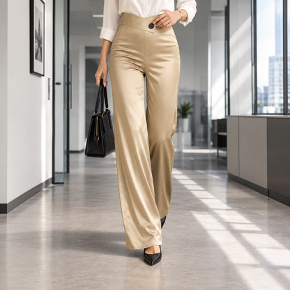 Women's Asymmetric Waist Satin-Look Wide-Leg Trousers