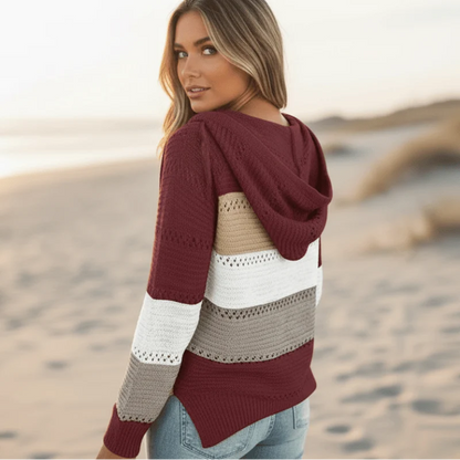 Women's Striped Open-Knit Hooded Jumper