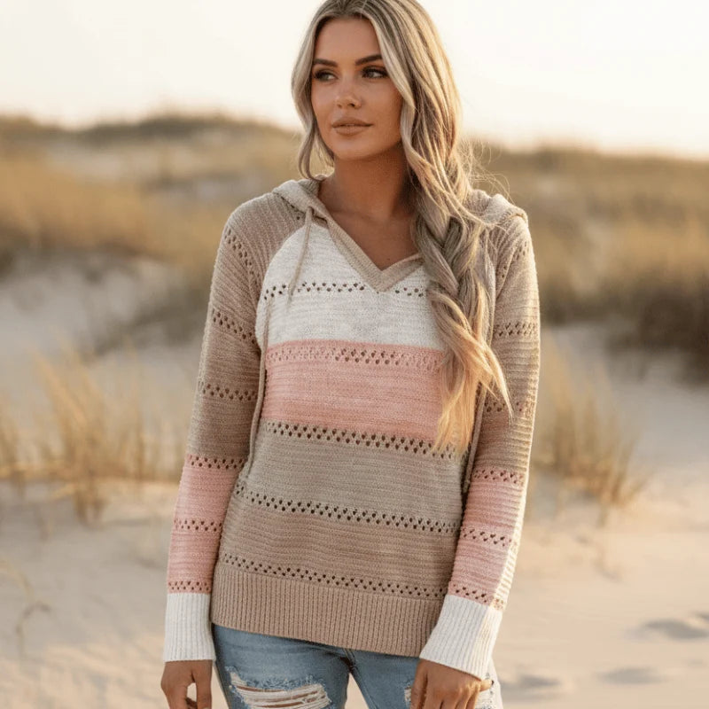 Women's Striped Open-Knit Hooded Jumper