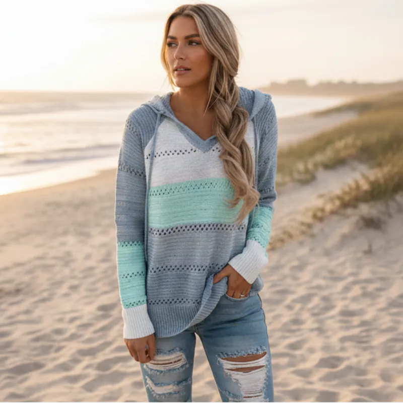 Women's Striped Open-Knit Hooded Jumper