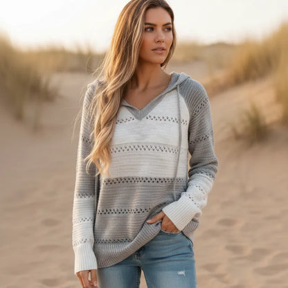 Women's Striped Open-Knit Hooded Jumper