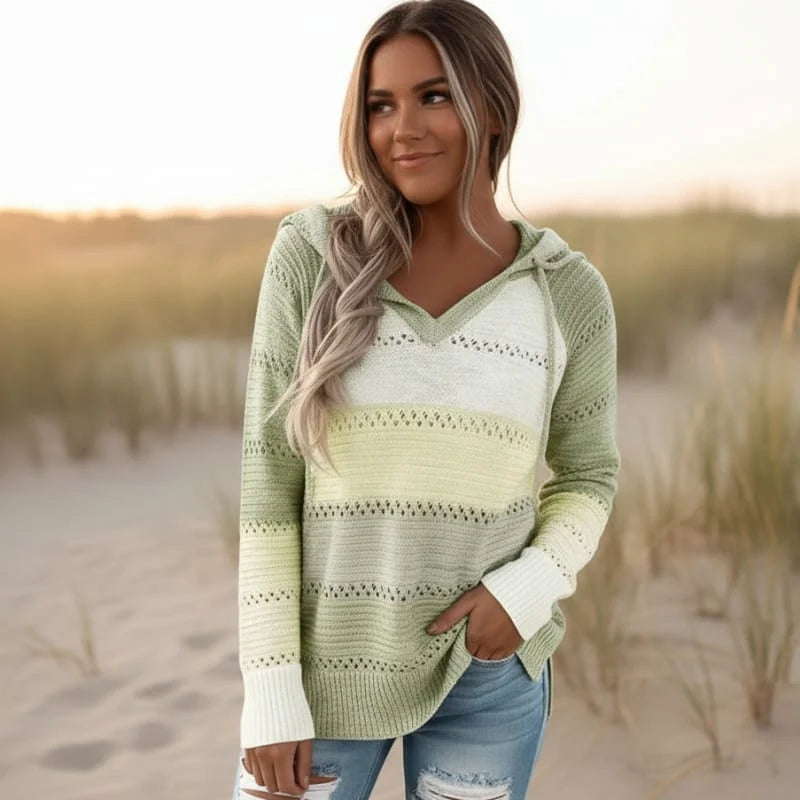 Women's Striped Open-Knit Hooded Jumper