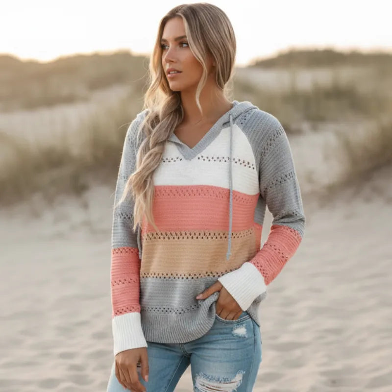 Women's Striped Open-Knit Hooded Jumper
