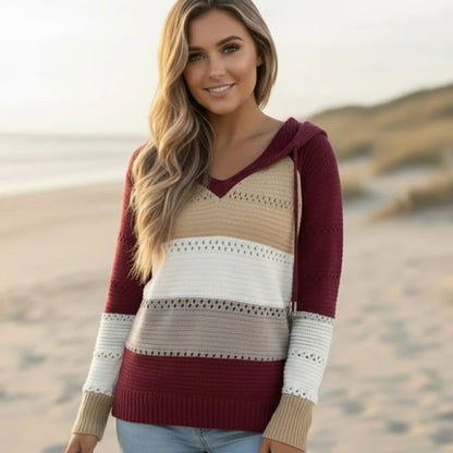 Women's Striped Open-Knit Hooded Jumper