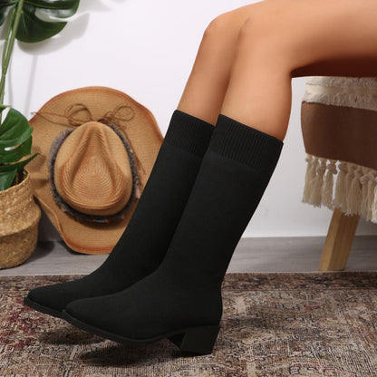Women's Knitted Knee-High Block Heel Boots