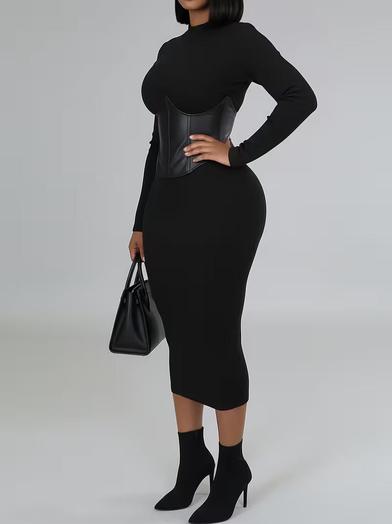 Women's Ribbed Corset-Detail Midi Dress