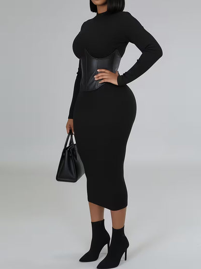 Women's Ribbed Corset-Detail Midi Dress