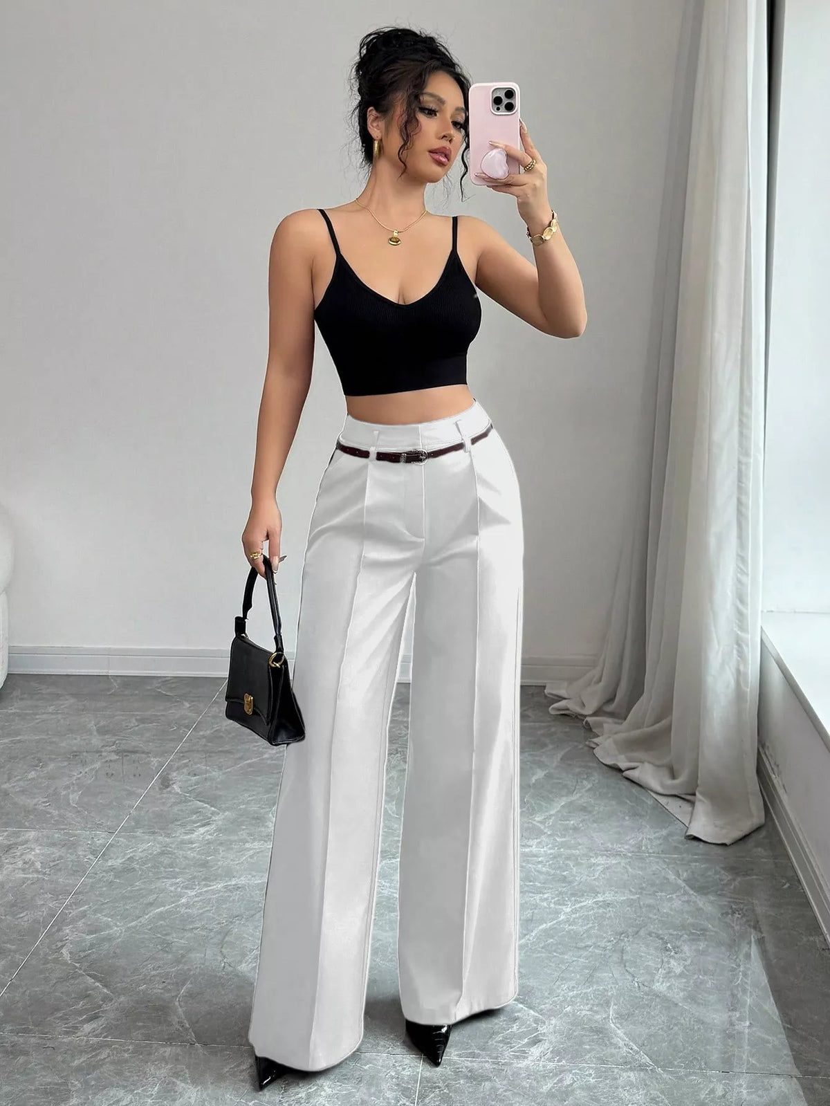 Women's Belted High-Waist Wide Leg Trousers