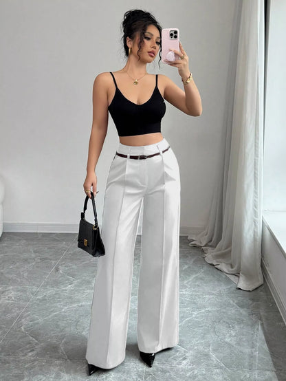Women's Belted High-Waist Wide Leg Trousers