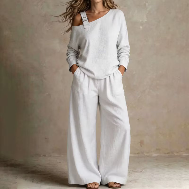 Women's Off-Shoulder Top & Wide Leg Trouser Set